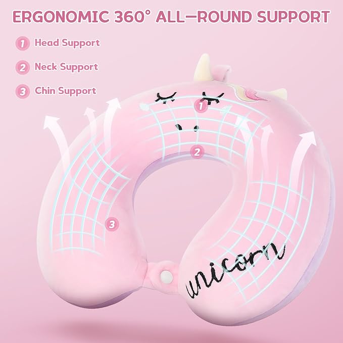 Kids Neck Pillow, Unicorn Kids Travel Neck Pillow for Traveling with Eye Mask, Toddler Travel Essentials for Road Trip Airplane Car Seat, Cute Headrest Memory Foam Pillows for Girl Gift (Pink)