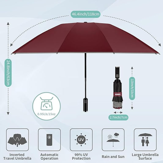 Yoobure Inverted Windproof Travel Umbrella - Automatic Umbrellas for Rain, Compact Folding with Reflective Stripe, Portable Large for Backpack, Lightweight with Sun UV Protection
