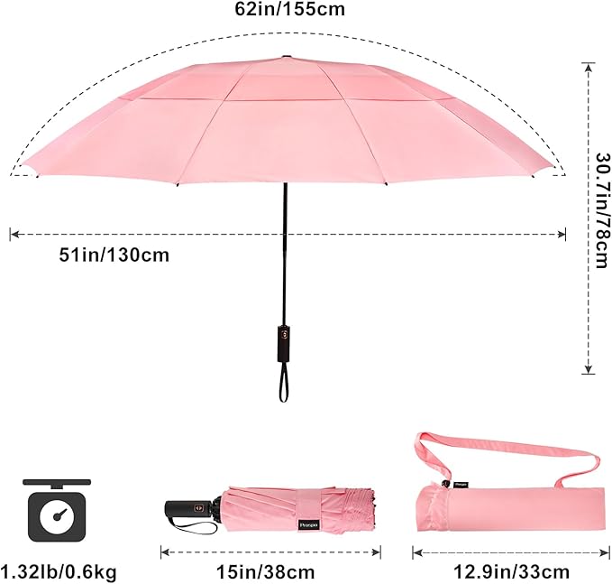 Prospo 46/62 Inch Large Travel Umbrellas for Rain Windproof, 10 Ribs Compact Reverse Folding Golf Umbrella, Double Canopy Automatic Open Close