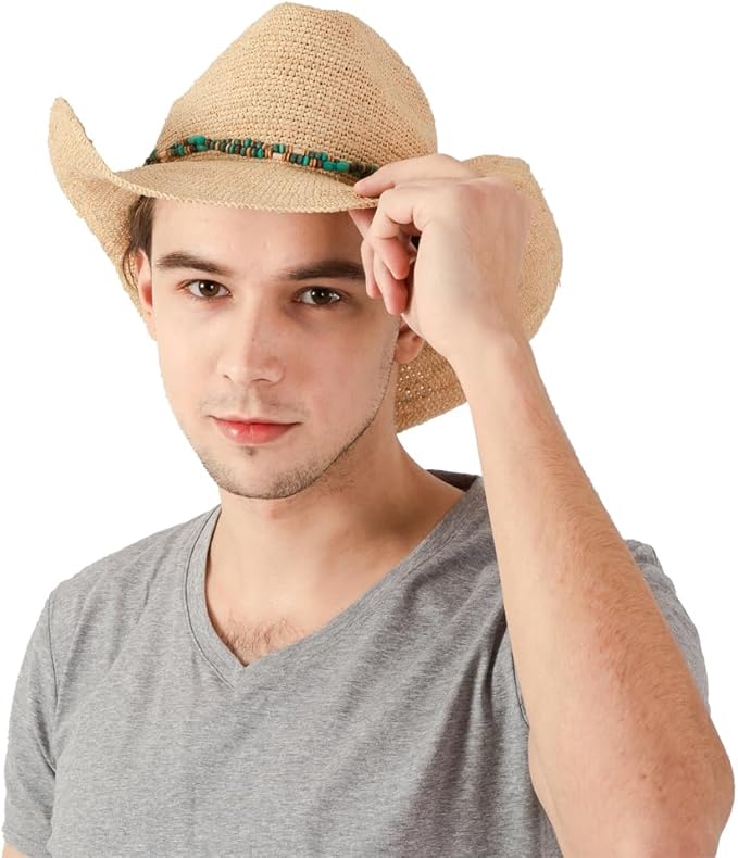 Raffia Straw Cowboy Hat,Women's Crocheted Summer Straw Hats, Classic Beach Sun Hats