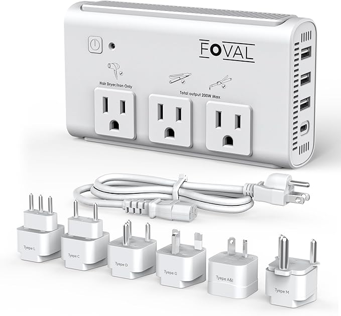 220V to 110V Travel Voltage Converter, FOVAL 2000W Power Converter for Hair Dryer, Straightener/Curling Iron with 4-Port USB (1 USB C), Step Down Transformer for US/EU/UK/AU/SA/Italy/India