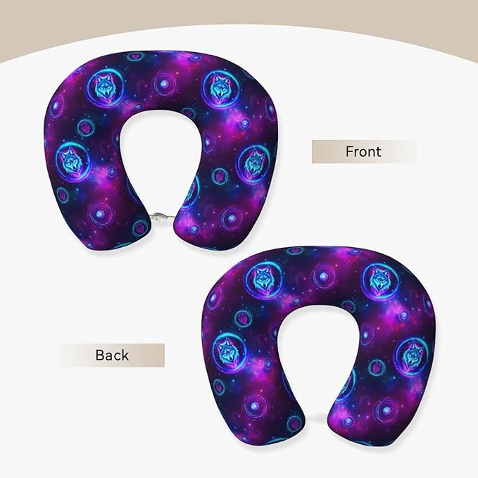 Funny Neck Pillow Support for Car Flight Rest Purple Blue Galaxy Starry Sky Wolf, Memory Foam U Shaped Decor Head Cushion for Home Outdoors Travel