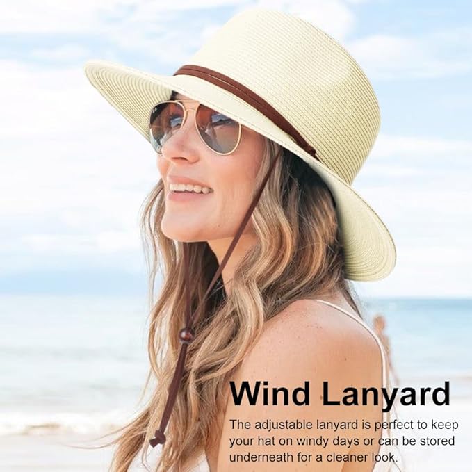 DRESHOW Women Straw Panama Hat Travel Fedora Beach Sun Hat Summer Wide Brim Straw Roll up Hat UPF 50+