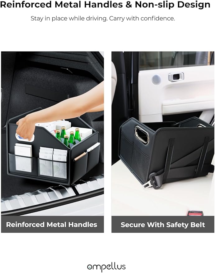 Car Seat Organizer, Collapsible Car Storage Organizer for Back Seat, Trunk Organzier with Metal Handles & Seat-belt Fixing Strap, Black