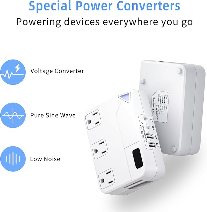 250W Conversion Plug, International Travel Converter with 2 USB and 2 USB-C Ports, lowering 220V to 110V for 100V-240V Areas and Different Countries Plugs Using US Electrical Devices