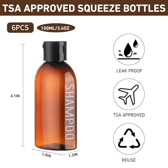 Travel Bottles for Toiletries 6 PCS 3.4oz/100ml Travel Size Containers Plastic Lotion Bottle TSA Approved Leak Proof Squeeze Bottles with Flip Cap for Toiletries, Shampoo & Lotion (Brown)