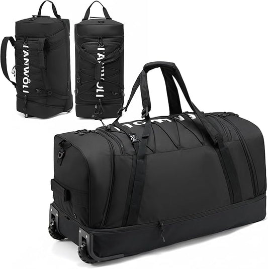 Fanwoli 85L 100L Large Rolling Duffle Bag with Shoes Compartment, 30’’ Expandable & Foldable Heavy Duty Water Resistant Travel Backpack, Convertible Foldable Duffel for Gym Camping Weekender