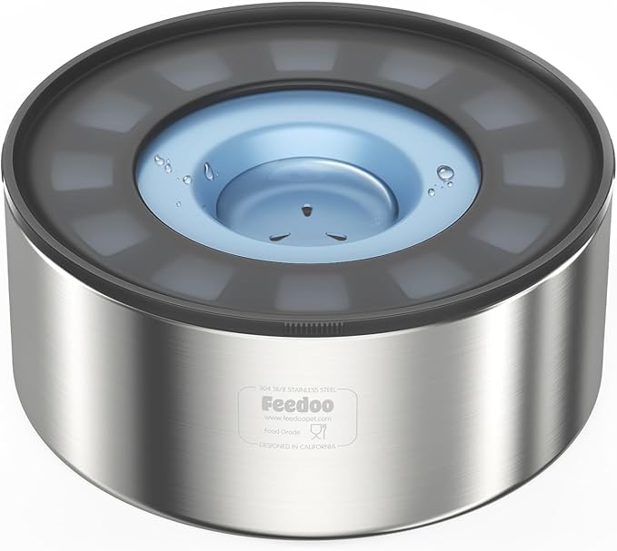 2L No Spill Water Bowl for Dogs, Double-Wall Stainless Steel with Splash-Proof Paws Lid and Floating Disk, Non-Slip Base, Easy to Clean Slow Water Feeder for Small Medium Dogs