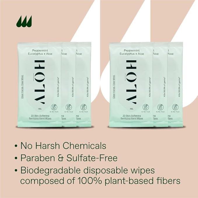ALŌH Peppermint Eucalyptus Sanitizing Hand Wipes - Clean Hands, Clear Mind On The Go Sanitizer for Kids and Adults - Travel Size 6 packs of 20ct Wipe (120 Wipes)