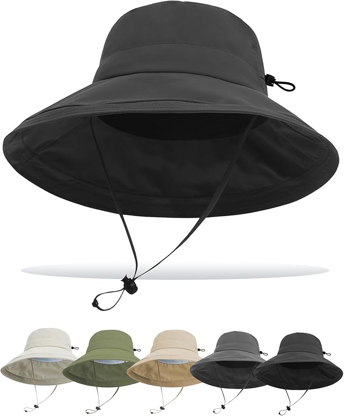 Sun Hats for Women Men UV Protection Wide Brim Bucket Hat with Ponytail Hole Waterproof Gardening Fold-Up Summer Cap