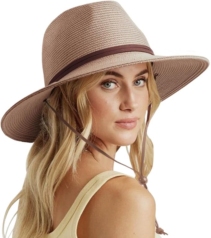 DRESHOW Women Straw Panama Hat Travel Fedora Beach Sun Hat Summer Wide Brim Straw Roll up Hat UPF 50+