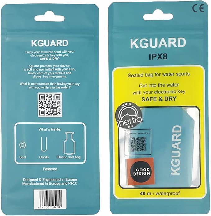 KGuard – IPX8 Waterproof Key Pouch (40 m) for Electronic Car Keys · 100% Soft, Compact and Comfortable · Ideal for Surfing, SUP, Kitesurfing, Windsurfing, Swimming and Watersports