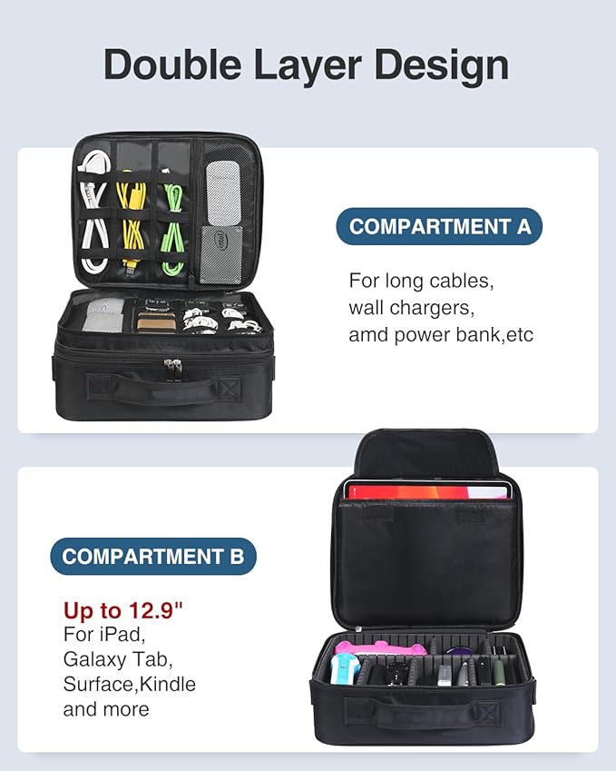 Luxtude Electronic Organizer Travel Case Large, Double Layer Tech Carrying Case, Cord Organizers Travel, Cable Organizers Bag, Large Charger Bag, Home Electronics Case Fits for iPad (Up to 12.9 in)