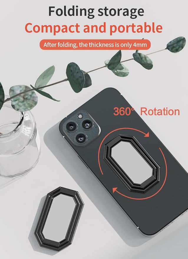 Phone Ring Holder Finger Kickstand Foldable Cellphone Stand 360° Rotation Metal Ring Grip for Magnetic Car Mount Compatible with iPhone Most Smartphone Black