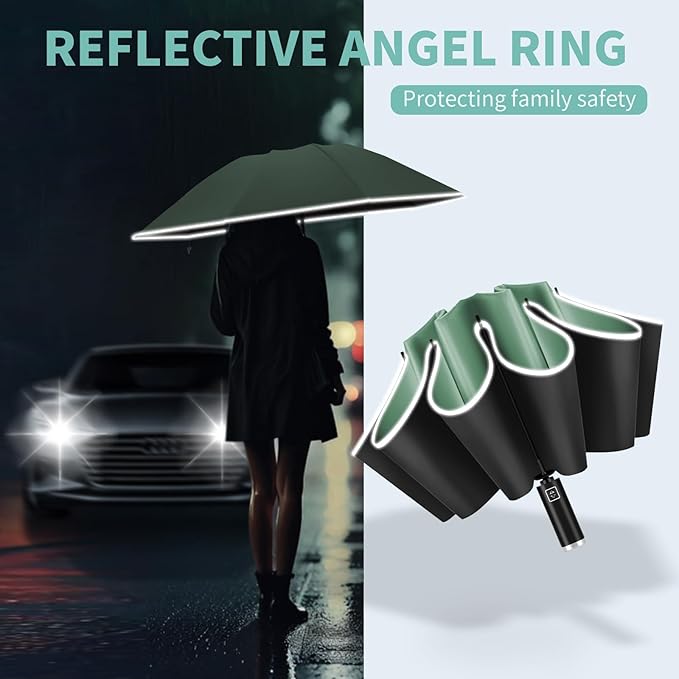 Yoobure Inverted Windproof Travel Umbrella - Automatic Umbrellas for Rain, Compact Folding with Reflective Stripe, Portable Large for Backpack, Lightweight with Sun UV Protection