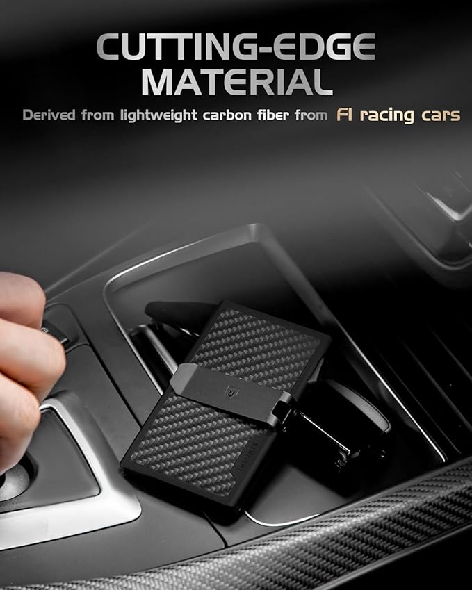 LORZOR Carbon Fiber Wallet for Men, 0.3IN Ultra-slim Minimalist Card Holder with Money Clip, Trigger Button for Quick Card Access, Ultra-light Aerospace Aluminum, RFID-Blocking, Gift Box