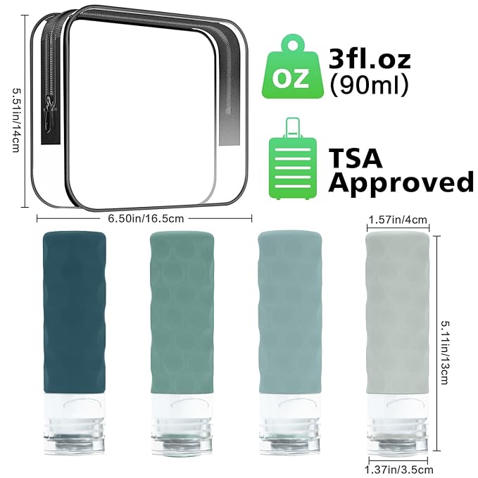 Travel Bottles for Toiletries, 4pcs Tsa Approved 3oz Travel Size Containers, BPA Free Leak Proof Premium Silicone Bottles, Refillable Liquid Squeezable Accessories W/Toiletry Bag(Mint)