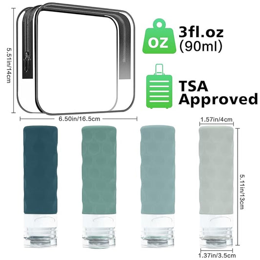 Travel Bottles for Toiletries, 4pcs Tsa Approved 3oz Travel Size Containers, BPA Free Leak Proof Premium Silicone Bottles, Refillable Liquid Squeezable Accessories W/Toiletry Bag(Mint)