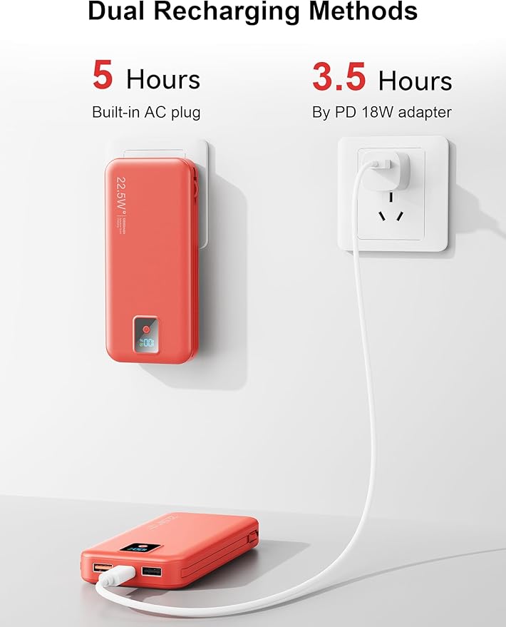 Portable Charger, 12000mAh 22.5W Fast Charging Power Bank with Built-in Cables & Wall Plug, Travel Essential Battery Pack with LED Display, USB C Battery Phone Charger for iPhone, iPad, Samsung Red