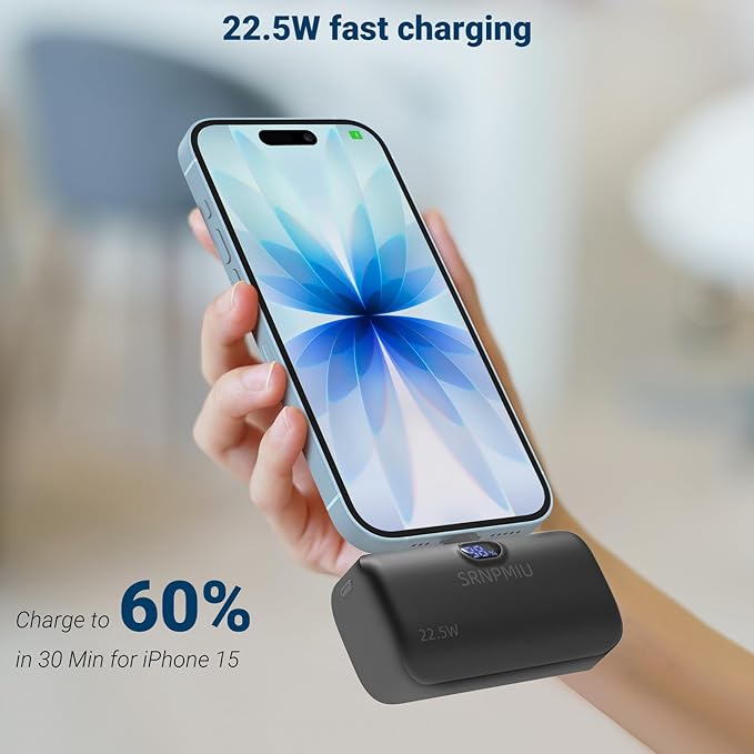 Portable Charger for iPhone 17/16/15 Series, 12000mAh Mini Power Bank with Built-in USB C Connector, 22.5W Fast Charging Battery Pack for Samsung Galaxy S25/S24/S23 Series, iPad etc (Black)