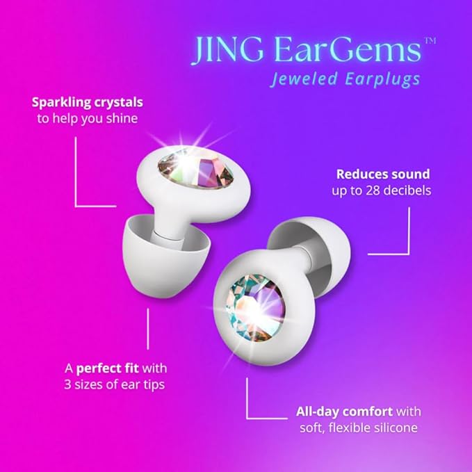 JING Eargems High Fidelity Concert Ear Plugs – Stylish Reusable Ear Protection for Concerts, Festivals, Travel & Sleeping – Crystal Rhinestone Noise Reduction Earplugs | White