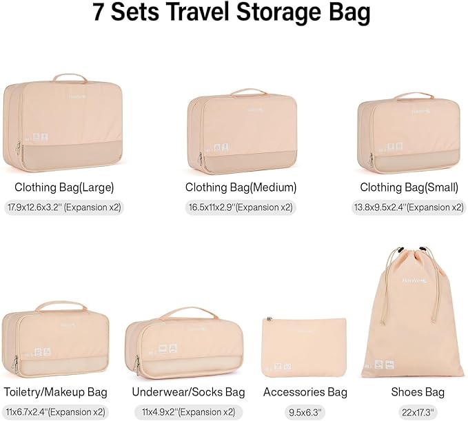 Packing Cubes for Travel, Hanke 7 Set Packing Cubes with Double Zipper,Compression Travel Bags Expandable Design,Durable Packing Organizers for Suitcase Backpack and Carry-On