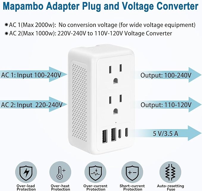 Mapambo 2000W 220V to 110V Voltage Converter US to Europe, Power Converter European Travel Converter for Hair Dryer, Power Converter Adapter Combo with 2 Type C 2 USB A (White)