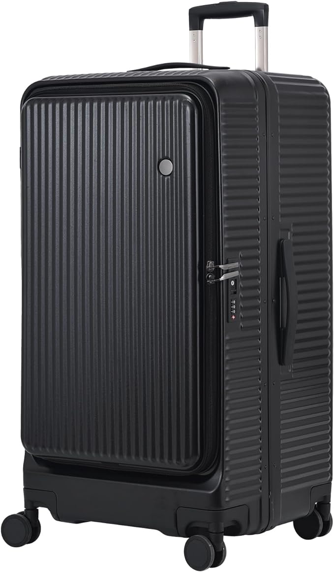 29 Inch Aluminum Checked Luggage with Side Opening Zipper, 40 * 37 * 77cm, 113L, Lightweight Hardshell ABS+PC Suitcase with TSA Lock, 360° Universal Wheels, Black