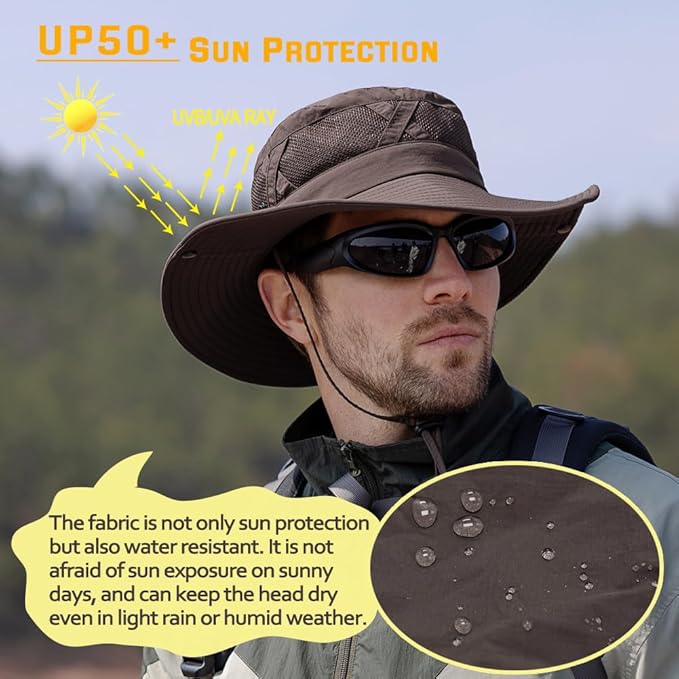 Fishing Hat UPF50+ Wide Brim Sun Hat for Men Women, Water Resistant Summer Sun Protection Safari Hat Hiking Bucket Hat