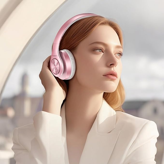 TUINYO Bluetooth Headphones Wireless, Over Ear Stereo Wireless Headset 40H Playtime with deep bass, Soft Memory-Protein Earmuffs, Built-in Mic Wired Mode PC/Cell Phones/TV- Rose Gold