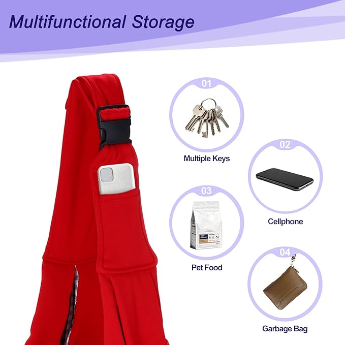 PETAXCELL Dog and Cat Sling Carrier Up to 16.5 Lbs, Hand-Free Reversible Pet Sling Carrier with Adjustable Strap and Pocket, (Red, 1 Pcs) Intended for Hiking/Camping/Traveling