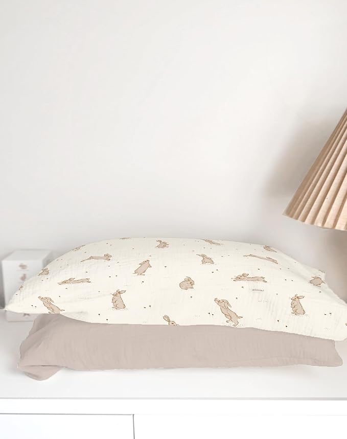 Toddler Pillowcases for 13"x18" Pillow 2 Pack, Muslin Small Toddler Baby Kids Travel Pillow Covers for Boys Girls with Envelope Closure (Rabbit B & Beige, 14 x 20 Inch)