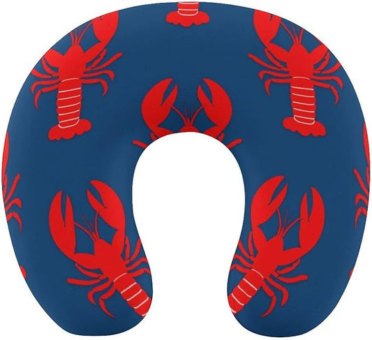 Unisex Travel Pillow U-Shaped Memory Foam Neck Support, Red Lobster American Flag Color Navy Blue U-Shape, Washable Airplane Car Nap Cushion