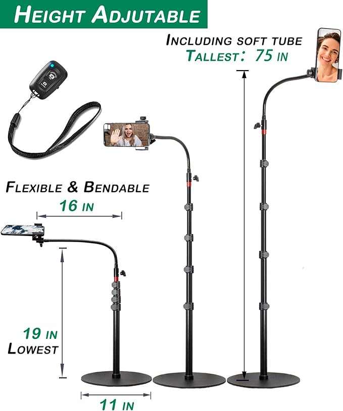 Tall Video Cell Phone Mount with Height Adjustable Stand, Heavy Base, 360 Head - Compatible with iPhone 16, 16 Pro Max, 16 Plus, 15, 14, 13