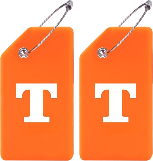 Gostwo 2 Pack Silicone Luggage Tags for Suitcases, 26 Initial Letter Baggage Labels Handbag School Bag Suitcase Instrument Tag with Stainless Steel Loop(Orange)(Letter T)