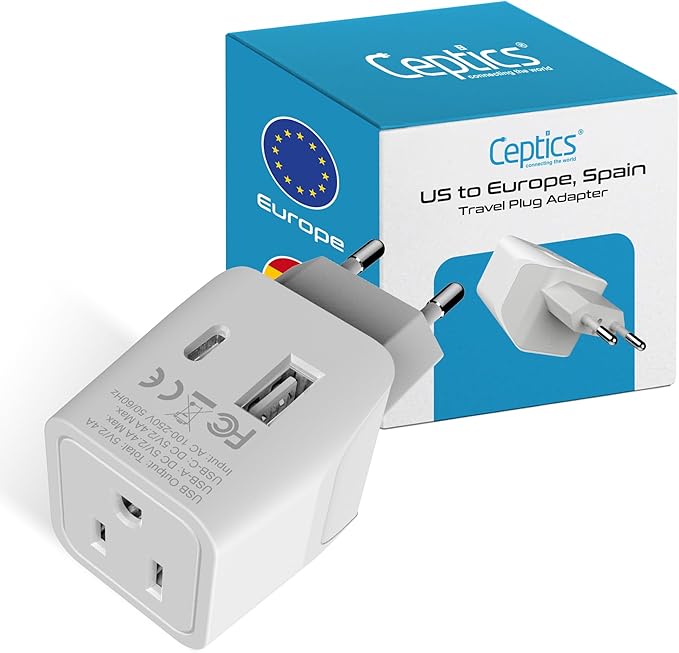 Ceptics European Travel Plug Adapter - USB-A & C, Type C Adapter for Turkey, Egypt, Iceland - USA Input - Ideal for Phones, Chargers, Cameras & More