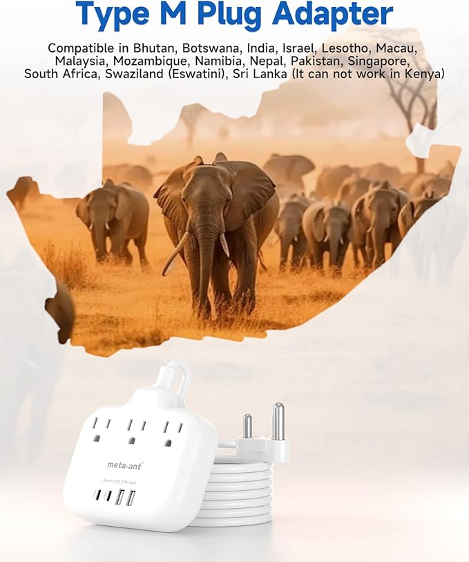 South Africa Plug Adapter, Type M Adapter for South Africa with 3 AC Outlets & 4 USB Ports(2 USB C) 15.5W, 3FT Extension Cord, Africa Travel Essentials for USA to South Africa Namibia Nepal Malaysi