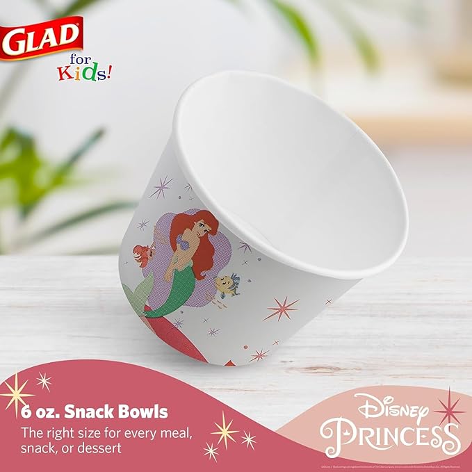 Glad for Kids Disney Princess Paper Snack Bowls, “Magic is in All of US” - Heavy Duty, Microwavable, Disposable Snack Cups with Lid for Soup or Ice Cream, 6 Ounce, 20 Count - 10 Pack