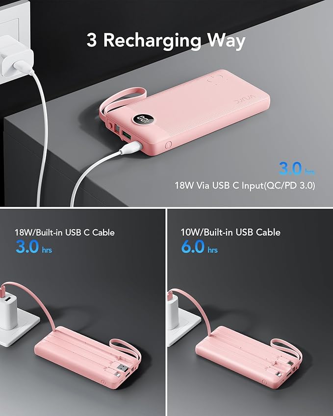 VRURC Portable Phone Charger, 20W PD Fast Charging Portable Charger for iPhone, 10000mAh Battery Bank with Cables, 4 Output 3 Input USB C Battery Pack for iPhone 16 15 14 13,Samsung Galaxy Series-Pink