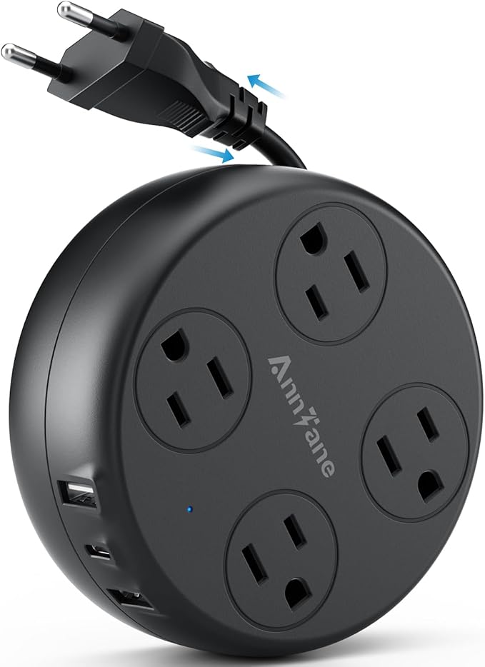 European Travel Plug Adapter - Retractable Power Strip with 4 AC Outlets & 3 USB Ports (USB-C), Type C Adapter for US to Most of Europe Iceland Spain Italy France Germany and More (Black)