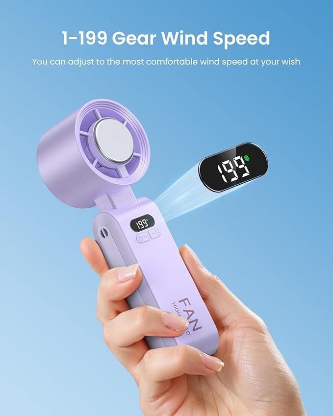 2 Pack Handheld Portable Turbo Fan with Ice Cooler, Speed (1-199) 5500mAh*2 Rechargeable Personal Fan,[20H Cooling Time] Mini Yet Powerful, Small Pocket Fans for Travel/Outdoor/Office, Purple