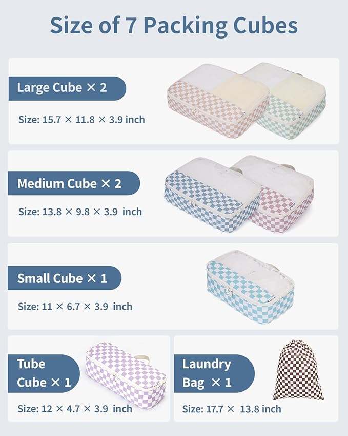 Narwey 7 Set Checkered Packing Cubes for Travel Carry on Suitcase Luggage Organizer Bags for Kids Women Men, Durable Packing Organizers Bag, Travel Essentials Accessories (Combined Checkerboard)