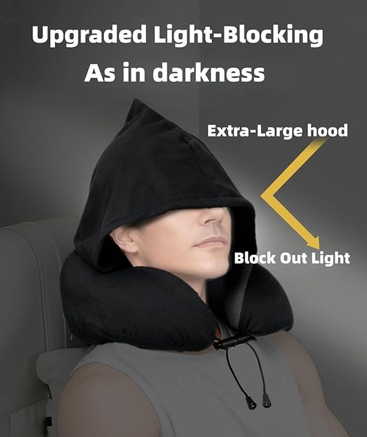 Travel Pillow with Extra Large Hood Rollable Airplant Hooded Neck Pillow with Memory Foam Filling and Removable, Skin-Friendly Cover with a Carrying Pouch