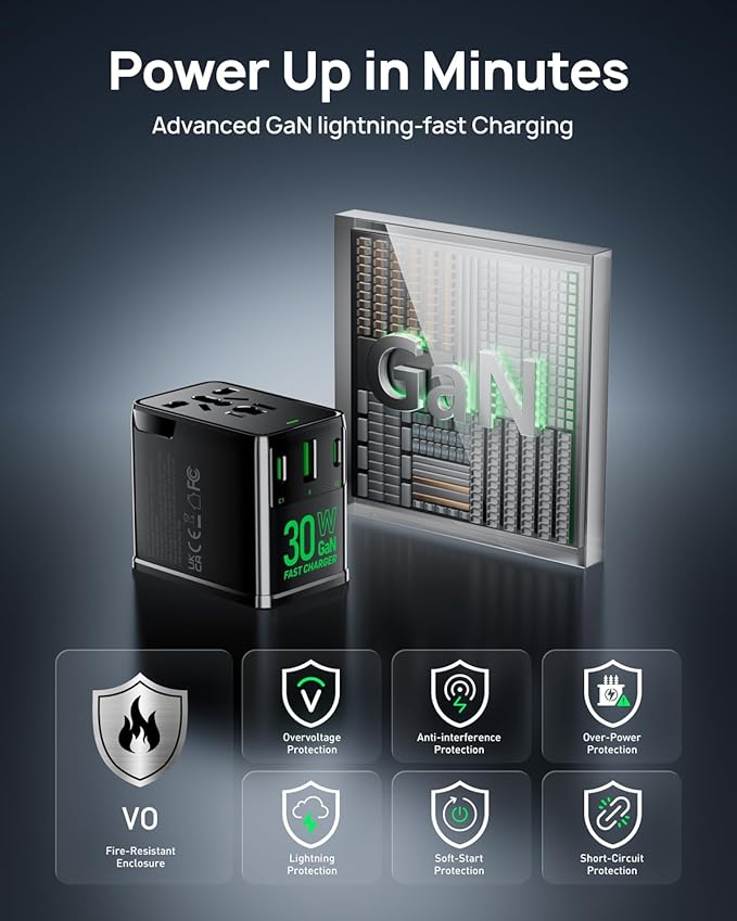 Tiny Universal Travel Adapter, 30W GaN Fast Charging International Power Adapter with 4 Ports (1 AC, 1 USB-A, and 2 USB-C), Plug Adapter with Smart Chip for Over 200 Countries, PD&QC Charger