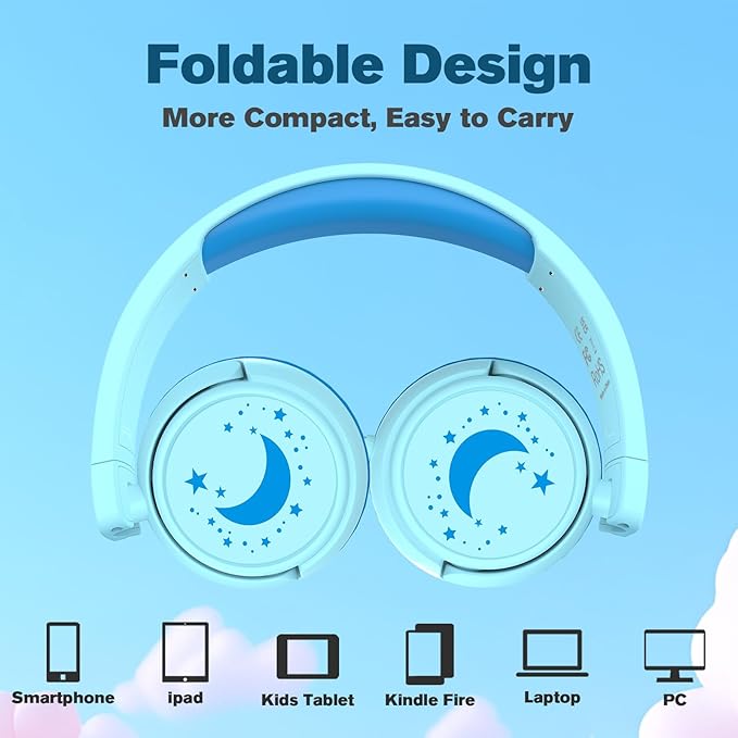 K6 Kids Headphones, 85/94dB Volume Limit Wired Headphones for Kids,3.5mm Jack Foldable Stereo Sound Toddler Headset with Mic, On-Ear Headphone for Smartphones/iPad/Tablet/Plane/Travel (Cyan)