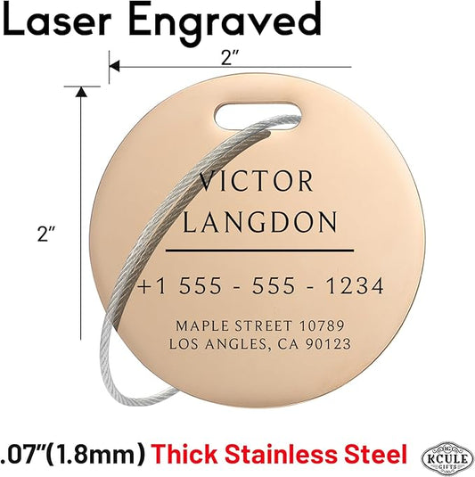 Stainless Luggage Tags for Suitcases 4 Pack: Metal Personalized Luggage Tags for Backpacks & Bags with Customizable Texts (Rose Gold)