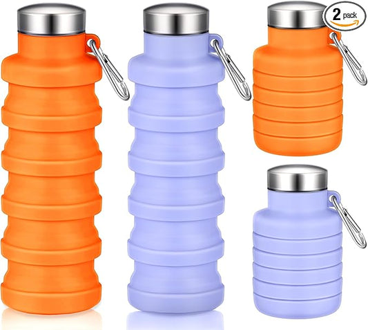 Baderke 2 Pcs Collapsible Water Bottles 17oz Silicone Travel Foldable Portable Water Bottle with Buckle Silicone Lightweight Reusable Leakproof for Camping Hiking Cycling Sport(Purple, Orange)