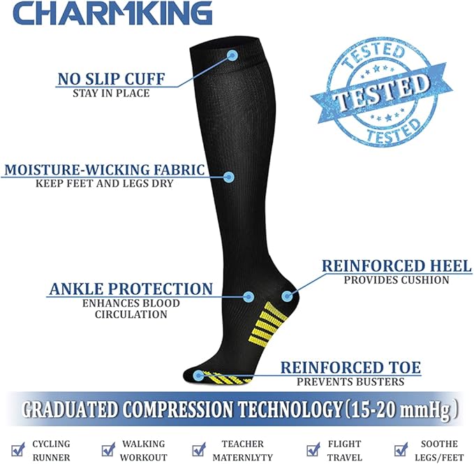 CHARMKING Compression Socks for Women & Men Circulation (8 Pairs) 15-20 mmHg is Best Support for Athletic Running,Cycling