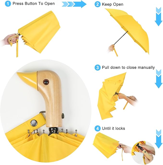 Duck Handle Umbrella Kids - Compact Portable Folding Lightweight Small Strong Wooden Duck Windproof Travel Umbrella for Kids Gifts