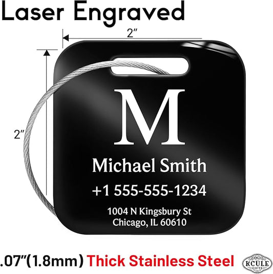 Stainless Luggage Tags for Suitcases 4 Pack: Metal Personalized Luggage Tags for Backpacks & Bags with Customizable Texts (Black)